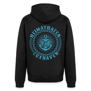 Nordsee HEIMATHAFEN CUXHAVEN Urlaub Lustig - Unisex Premium Bio Zip Hoodie - Schwarz - Hinten - Nico (187cm)