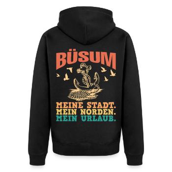 Büsumer BÜSUM MEINE STADT MEIN NORDEN Lustig - Unisex Premium Bio Zip Hoodie - Schwarz - Hinten - Nico (187cm)