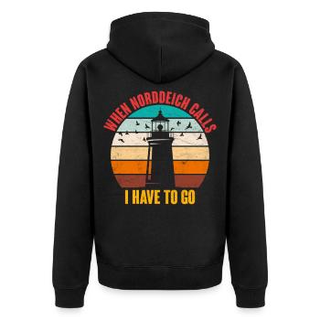 North Sea Holidays WHEN NORDDEICH CALLS Funny - Unisex Premium Organic Zip Hoodie - black - Back - Nico (187cm)