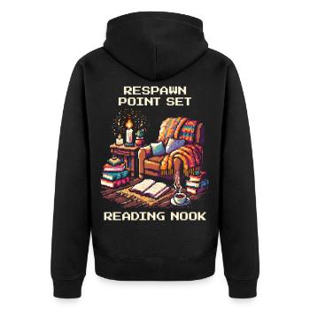 Respawn gesetzt | Leseecke Bücherzeit - Unisex Premium Bio Zip Hoodie - Schwarz - Hinten - Nico (187cm)
