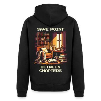 Savepoint zwischen Kapiteln | Lesepause Lesen - Unisex Premium Bio Zip Hoodie - Schwarz - Hinten - Nico (187cm)