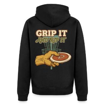 Pack es und reiß es Disc Golf Disc Golfer fliegt - Unisex Premium Bio Zip Hoodie - Schwarz - Hinten - Nico (187cm)