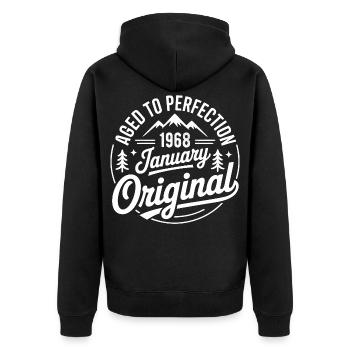 Januar 1968 – Vintage Adventure Outdoor Edition - Unisex Premium Bio Zip Hoodie - Schwarz - Hinten - Nico (187cm)