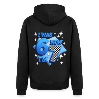 67 Six Sept À damier bleu J’étais Maintenant je suis - Veste à capuche bio Premium Unisexe - noir - Dos - Nico (187cm)