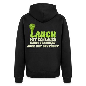 Gym LAUCH MIT SCHLAUCH KAUM TRAINIERT Lustig - Unisex Premium Bio Zip Hoodie - Schwarz - Hinten - Nico (187cm)
