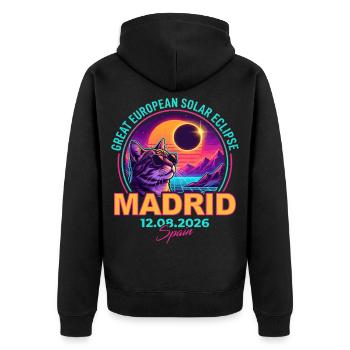 Solar Cat Madrid Eclipse 2026 - Unisex Premium Bio Zip Hoodie - Schwarz - Hinten - Nico (187cm)