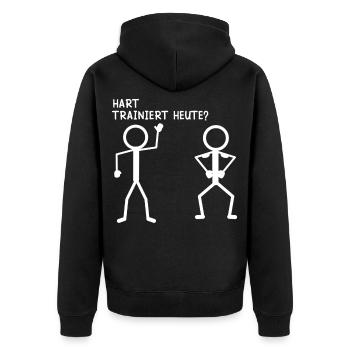Strichmännchen HART TRAINIERT HEUTE Lustiges - Unisex Premium Bio Zip Hoodie - Schwarz - Hinten - Nico (187cm)