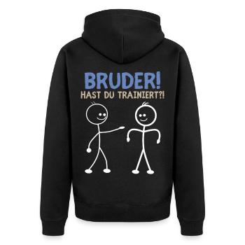 Strichmännchen HAST DU TRAINIERT LUSTIG - Unisex Premium Bio Zip Hoodie - Schwarz - Hinten - Nico (187cm)