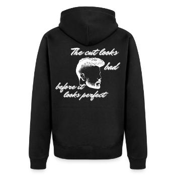Witziger Friseur-Haarschnitt schlecht vor perfekten Männern – Zitat - Unisex Premium Bio Zip Hoodie - Schwarz - Hinten - Nico (187cm)