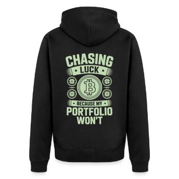St Patricks Day Chasing Luck Because My Portfolio - Unisex Premium Bio Zip Hoodie - Schwarz - Hinten - Nico (187cm)