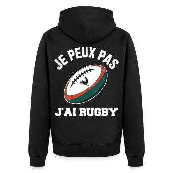 Ich kann nicht, ich habe Rugby. - Unisex Premium Bio Zip Hoodie - Schwarz - Hinten - Nico (187cm)