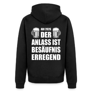Abi 2026 | Der Anlass ist besäufniserregend - Unisex Premium Bio Zip Hoodie - Schwarz - Hinten - Nico (187cm)