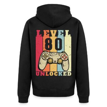 Stufe 80 – Komplettes Geschenk zum 80. Jubiläum - Unisex Premium Bio Zip Hoodie - Schwarz - Hinten - Nico (187cm)