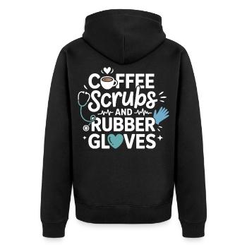 Coffee scrubs and rubber gloves - Unisex Premium Organic Zip Hoodie - black - Back - Nico (187cm)