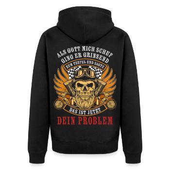 Als Gott mich schuf ging er grinsend zum Teufel - Unisex Premium Bio Zip Hoodie - Schwarz - Hinten - Nico (187cm)