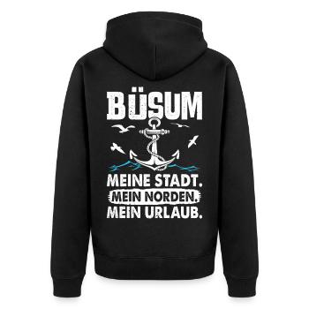 BÜSUM MEINE STADT MEIN NORDEN MEIN URLAUB Lustig - Unisex Premium Bio Zip Hoodie - Schwarz - Hinten - Nico (187cm)