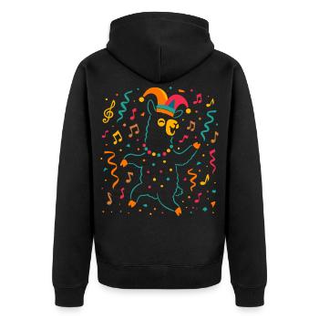 Tanzendes Karneval Alpaka mit Narrenkappe  - Unisex Premium Bio Zip Hoodie - Schwarz - Hinten - Nico (187cm)