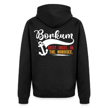 BORKUM BEST INSEL IN THE NORDSEE Lustiges - Unisex Premium Bio Zip Hoodie - Schwarz - Hinten - Nico (187cm)