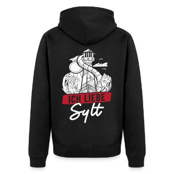 Nordsee Urlaub ICH LIEBE SYLT Lustiges - Unisex Premium Bio Zip Hoodie - Schwarz - Hinten - Nico (187cm)