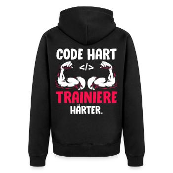 Coder CODE HART TRAINIERE HÄRTER Lustiges - Unisex Premium Bio Zip Hoodie - Schwarz - Hinten - Nico (187cm)