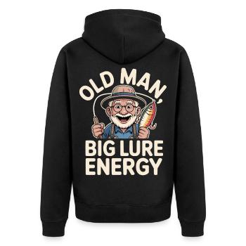 Old Man Big Lure Energy Lustiger Angler Opa - Unisex Premium Bio Zip Hoodie - Schwarz - Hinten - Nico (187cm)