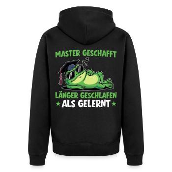 Master geschafft - Länger geschlafen als gelernt - Unisex Premium Bio Zip Hoodie - Schwarz - Hinten - Nico (187cm)