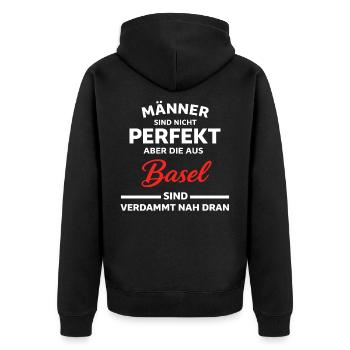 Basel Männer Nicht Perfekt Spruch - Unisex Premium Bio Zip Hoodie - Schwarz - Hinten - Nico (187cm)