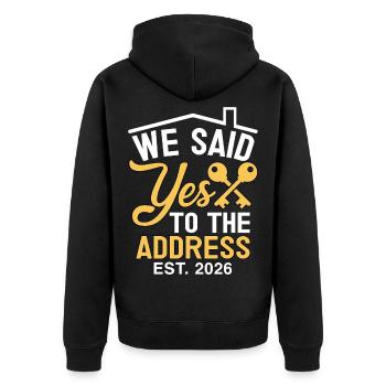 We Said Yes to The Address 2026 - Unisex Premium Bio Zip Hoodie - Schwarz - Hinten - Nico (187cm)