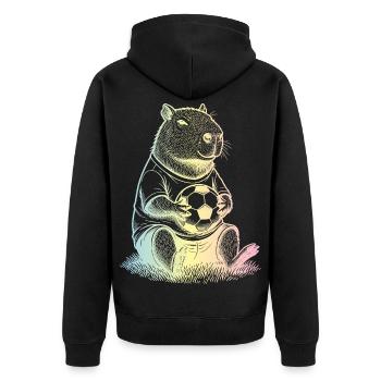 Fußball Capybara - Unisex Premium Bio Zip Hoodie - Schwarz - Hinten - Nico (187cm)