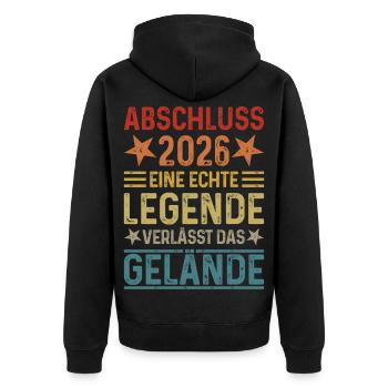 Abschluss 2026 Eine Legende verlässt das Gelände - Unisex Premium Bio Zip Hoodie - Schwarz - Hinten - Nico (187cm)