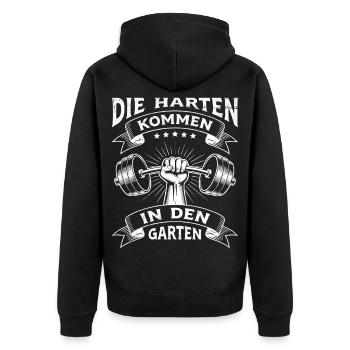 Gewichtheber DIE HARTEN KOMMEN IN DEN GARTEN - Unisex Premium Bio Zip Hoodie - Schwarz - Hinten - Nico (187cm)