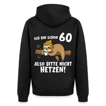 60e anniversaire, s’il te plaît, ne te précipite pas sur 60 ans - Veste à capuche bio Premium Unisexe - noir - Dos - Nico (187cm)