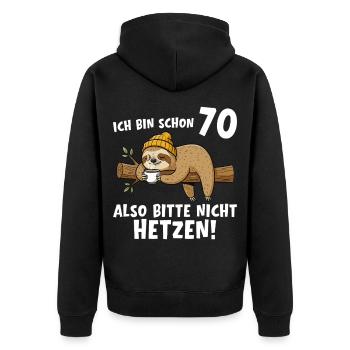 70e anniversaire, s’il te plaît, ne te précipite pas sur 70 ans. - Veste à capuche bio Premium Unisexe - noir - Dos - Nico (187cm)