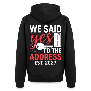 We Said Yes to The Address 2027 - Unisex Premium Organic Zip Hoodie - black - Back - Nico (187cm)