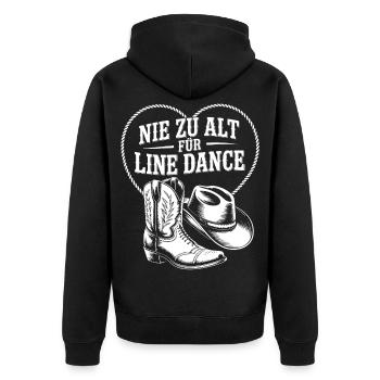 Nie zu alt für Line Dance Western Herz - Unisex Premium Bio Zip Hoodie - Schwarz - Hinten - Nico (187cm)