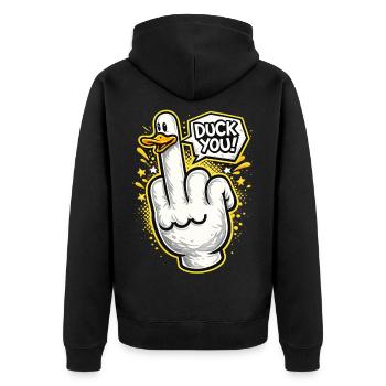 Baisse-toi ! Motif de doigt d’honneur en canard malicieux - Veste à capuche bio Premium Unisexe - noir - Dos - Nico (187cm)