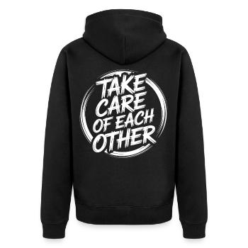 Take care of each other - Unisex Premium Organic Zip Hoodie - black - Back - Nico (187cm)