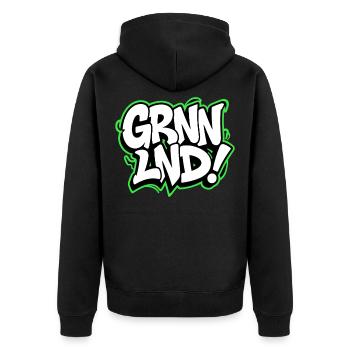 GRNNLND! Grönland Streetwear für Weltenbummler - Unisex Premium Bio Zip Hoodie - Schwarz - Hinten - Nico (187cm)
