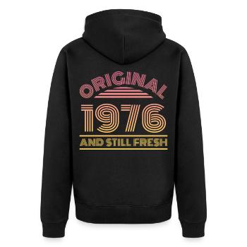 Vintage 1976 - Unisex Premium Bio Zip Hoodie - Schwarz - Hinten - Nico (187cm)