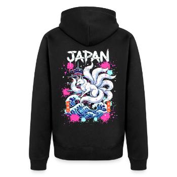 Kitsune Japan Pagode – Anime Fuchsgeist  - Unisex Premium Bio Zip Hoodie - Schwarz - Hinten - Nico (187cm)