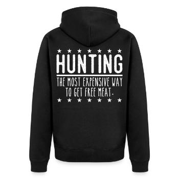 Jäger Lustiger Spruch – Gratis Fleisch Design - Unisex Premium Bio Zip Hoodie - Schwarz - Hinten - Nico (187cm)