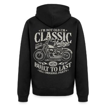 Cadeau de moto vintage pour le 50e anniversaire de 1976 - Veste à capuche bio Premium Unisexe - noir - Dos - Nico (187cm)