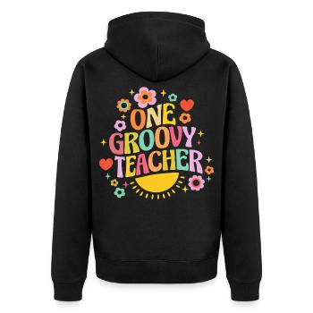 Groovy Lehrer mit Herz und Blumen - Unisex Premium Bio Zip Hoodie - Schwarz - Hinten - Nico (187cm)