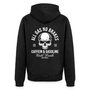 All Gas No Brakes Skull – Caffein & Gasoline Desig - Unisex Premium Bio Zip Hoodie - Schwarz - Hinten - Nico (187cm)