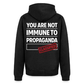 not immune to propaganda - Unisex Premium Organic Zip Hoodie - black - Back - Nico (187cm)