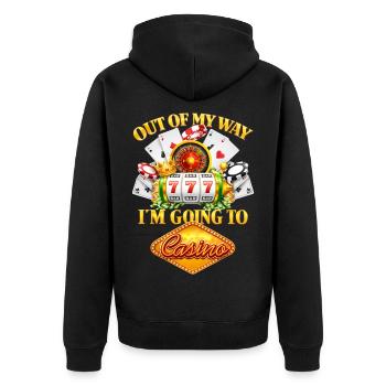 Out Of My Way – I'm Going To The Casino - Unisex Premium Bio Zip Hoodie - Schwarz - Hinten - Nico (187cm)