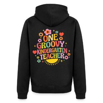 Groovy kindergarten teacher with heart and flowers - Unisex Premium Organic Zip Hoodie - black - Back - Nico (187cm)