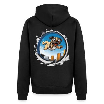 Pug Sprinter im Stadtlauf - Unisex Premium Bio Zip Hoodie - Schwarz - Hinten - Nico (187cm)