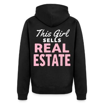 This Girl Sells Real Estate - Unisex Premium Bio Zip Hoodie - Schwarz - Hinten - Nico (187cm)