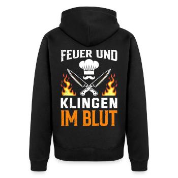 Gastronomie FEUER UND KLINGEN IM BLUT Lustiges - Unisex Premium Bio Zip Hoodie - Schwarz - Hinten - Nico (187cm)
